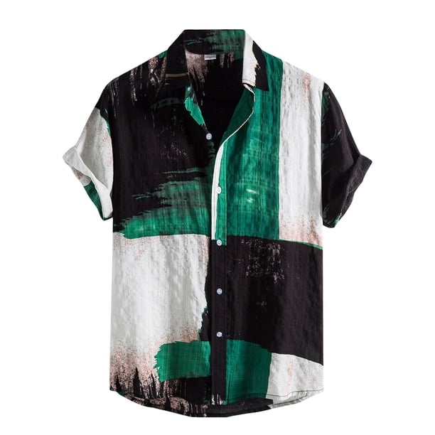 Camisas Manga Larga Hombre Manga Casual Collar Short Fashion Shirt Print Button Blouse Men's Turn Down Men Shirts (Green, XXL)