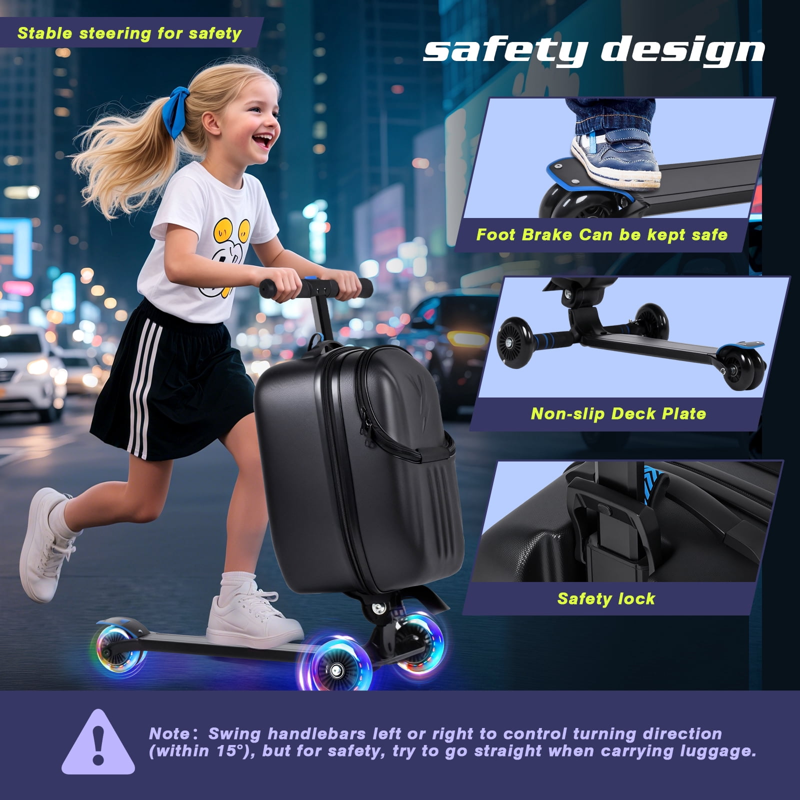 Advwin Scooter Suitcase with Top Opening & LED Light-up Wheel, Lightweight Hardshell Foldable Ride-On Luggage with Adjustable Handle for Travel, Black