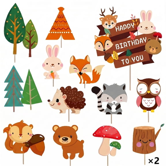 Woodland Animal Cupcake Toppers, Forest Fox Deer Bear Rabbit Cake Picks for Birthday Party, Wedding & Holiday Dessert Cupcake Decorations