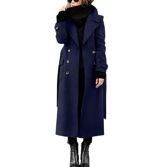 Gytharion Women’s Double Breasted Coats Lapel Long Sleeve Wool Jackets Solid Color Belted Winter Overcoats with Pockets