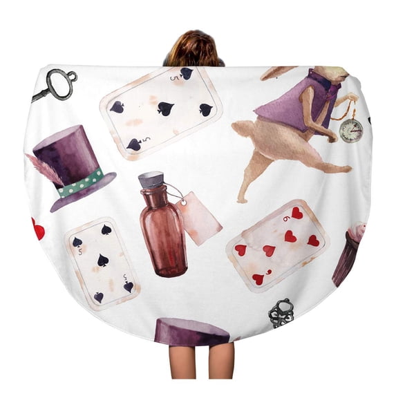 LADDKA 60 inch Round Beach Towel Blanket Watercolor Wonderland Vintage White Rabbit Little Old Bottle Silver Travel Circle Circular Towels Mat Tapestry Beach Throw