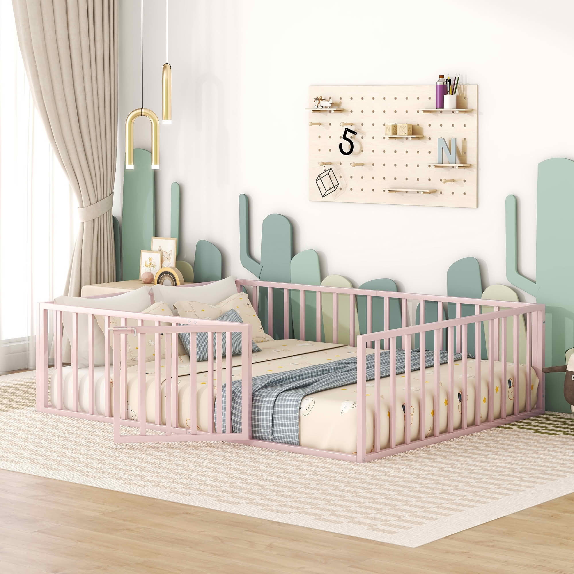 MAYEERTY Metal Floor Bed Frame with Fence and Openable Door Kids Play and Sleep Space