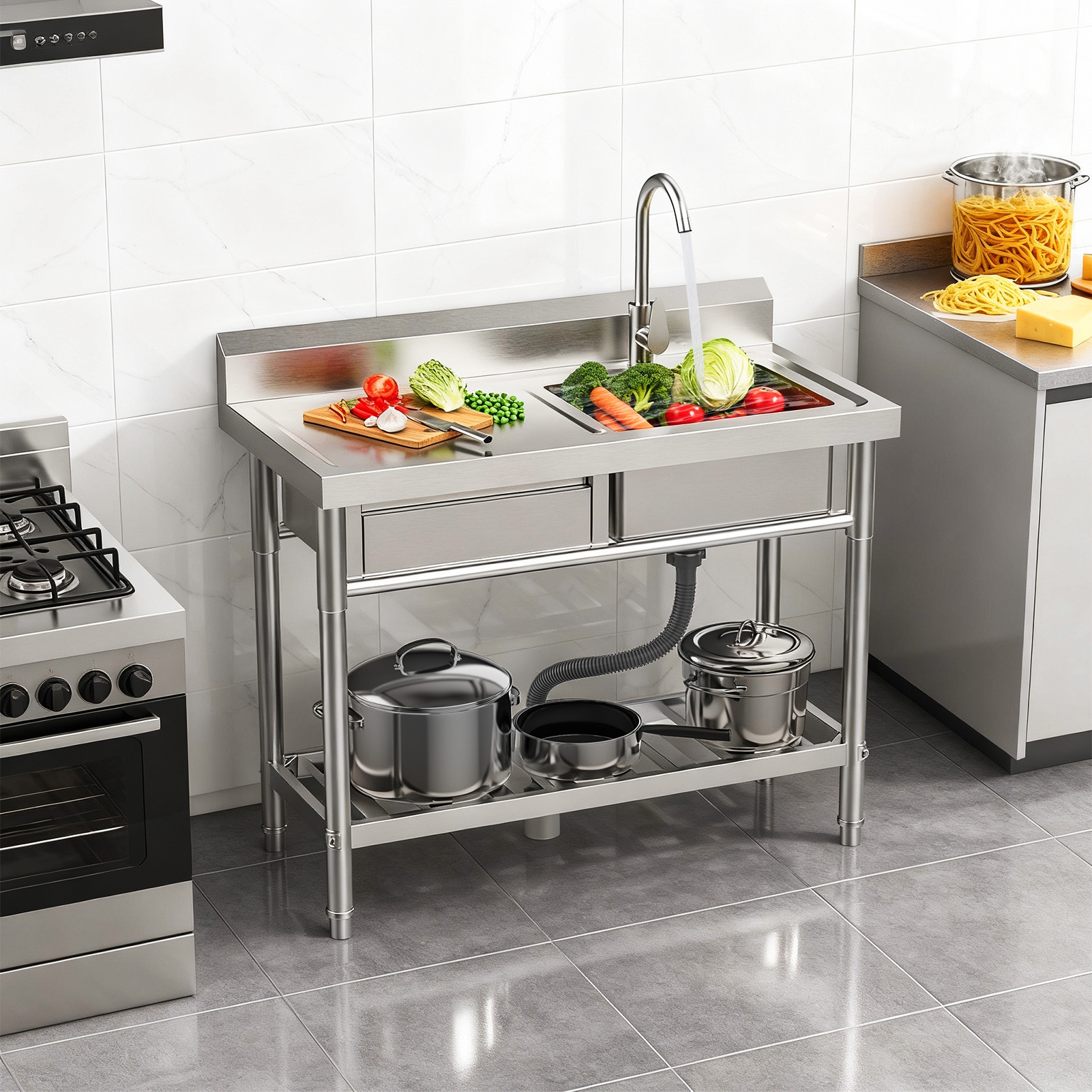 Wliqien 39-Inch Stainless Steel Sink with Drawer, Bottom Shelf, Free Standing Utility Sink with Cold Hot Water Faucet Hose, Single Bowl Sink for Indoor, Outdoor, Kitchen, Laundry Room