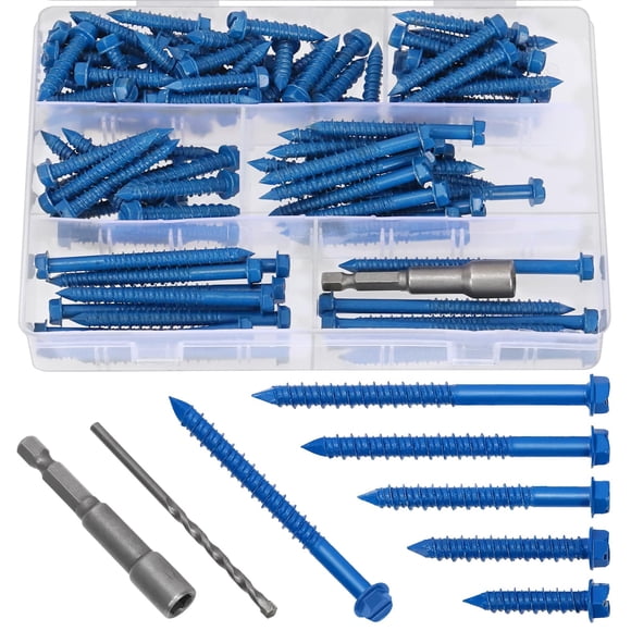 Mardatt 102Pcs 1/4” 5 Sizes Concrete Screws, Slotted Hex Washer Head Concrete Screws Anchor with Drill Bit and Hex Bit Socket, Self Tapping Masonry