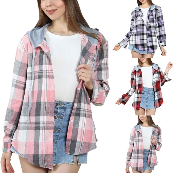 Fengqque Women's Fashionable and Comfortable Long Sleeve Hoodie V Neck Checkered Shirt Lightweight Active Top Red XL(XL)