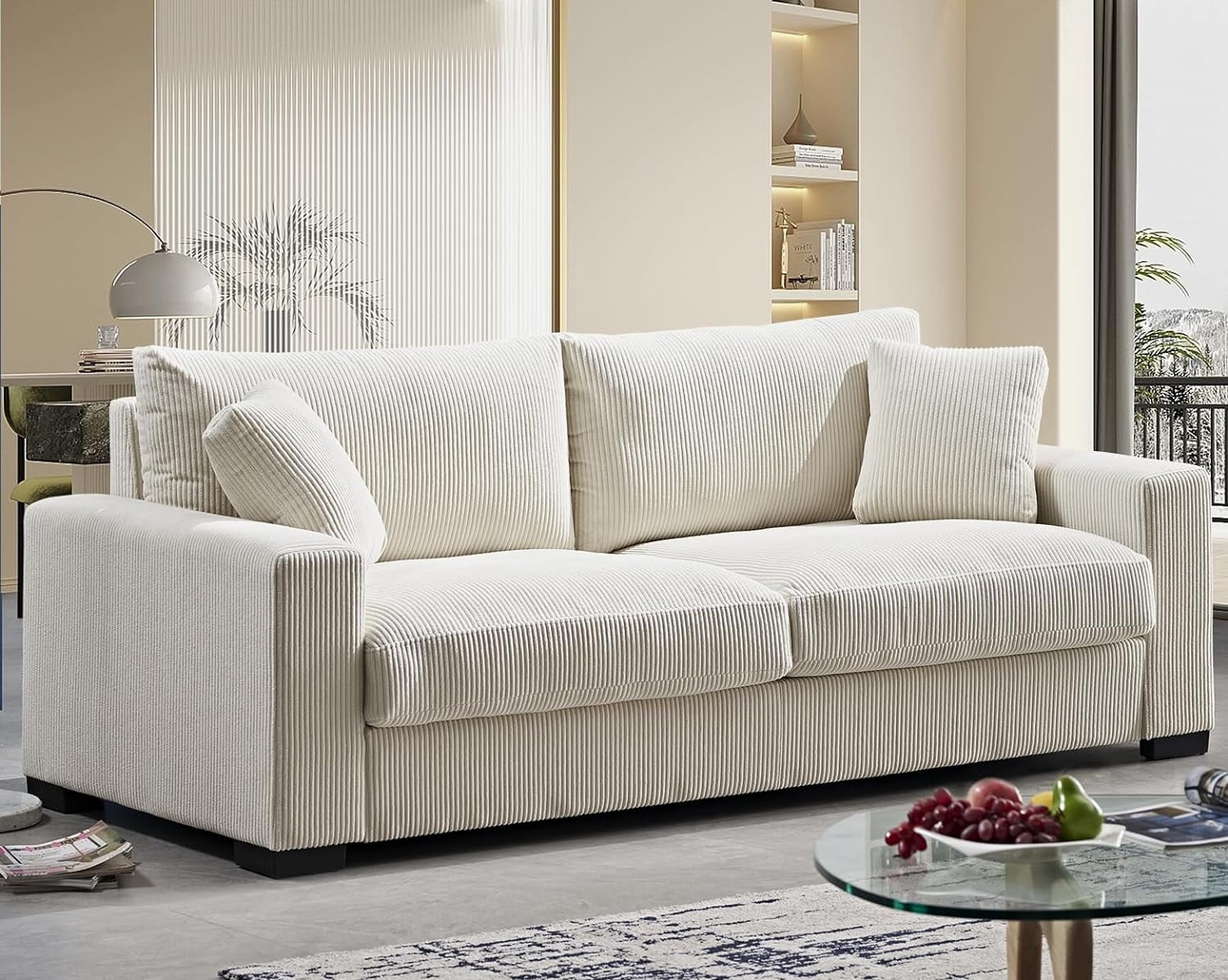US Pride Furniture Luxe Corduroy Sofa with 2 Toss Pillows, Spacious and Comfortable 3-Seater Couch