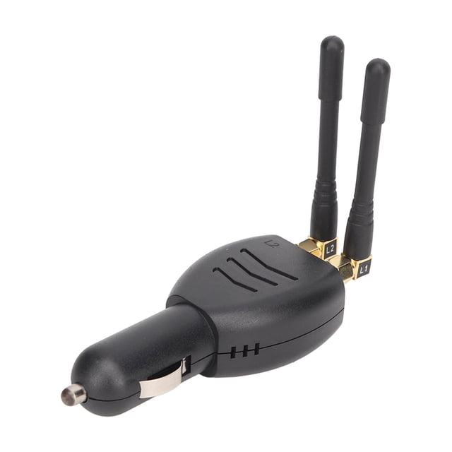 dispositivo de ubicación para prevenir el automóvil, bloqueador de señal de gps para automóvil bloqueador de señal de gps para automóvil escudo de señal de gps para automóvil rendimiento finamente sintonizado Negro ABS, vista 3/4 con conector para toma de 12 V (encendedor), dos antenas verticales desmontables, contactos dorados y ranuras de ventilación; especificado para frecuencias GPS1 1560–1580 MHz y GPS2 1160–1240 MHz.
