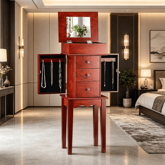 Jewelry Armoire with Mirror and Drawers, Standing Jewelry Storage Cabinet for Bedroom, Dresser Top Organizer for Necklaces Rings and Earrings, Wood Tone Finish