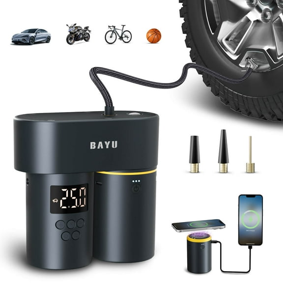BAYU 2 in 1 Tire Inflator Portable Air Compressor, 150PSI Air Pump for Car Tires with Digital Display, 15000mAh Electric Tire Pump, Emergency LED Light for Car, Bike, Ball