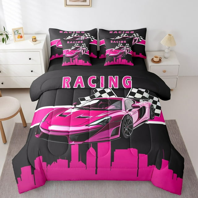 YST Girls Racing Car 7-Piece Extreme Sports Bedding Set, Pink Race Car Comforter, Queen Size