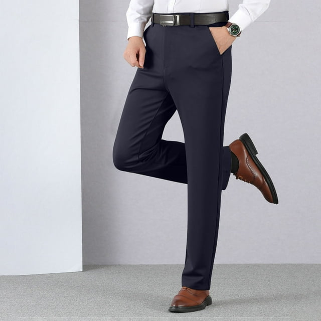 Pantalones de traje de hombre con cremallera y bolsillo, rectos, de tubo, de color liso, de poliéster
