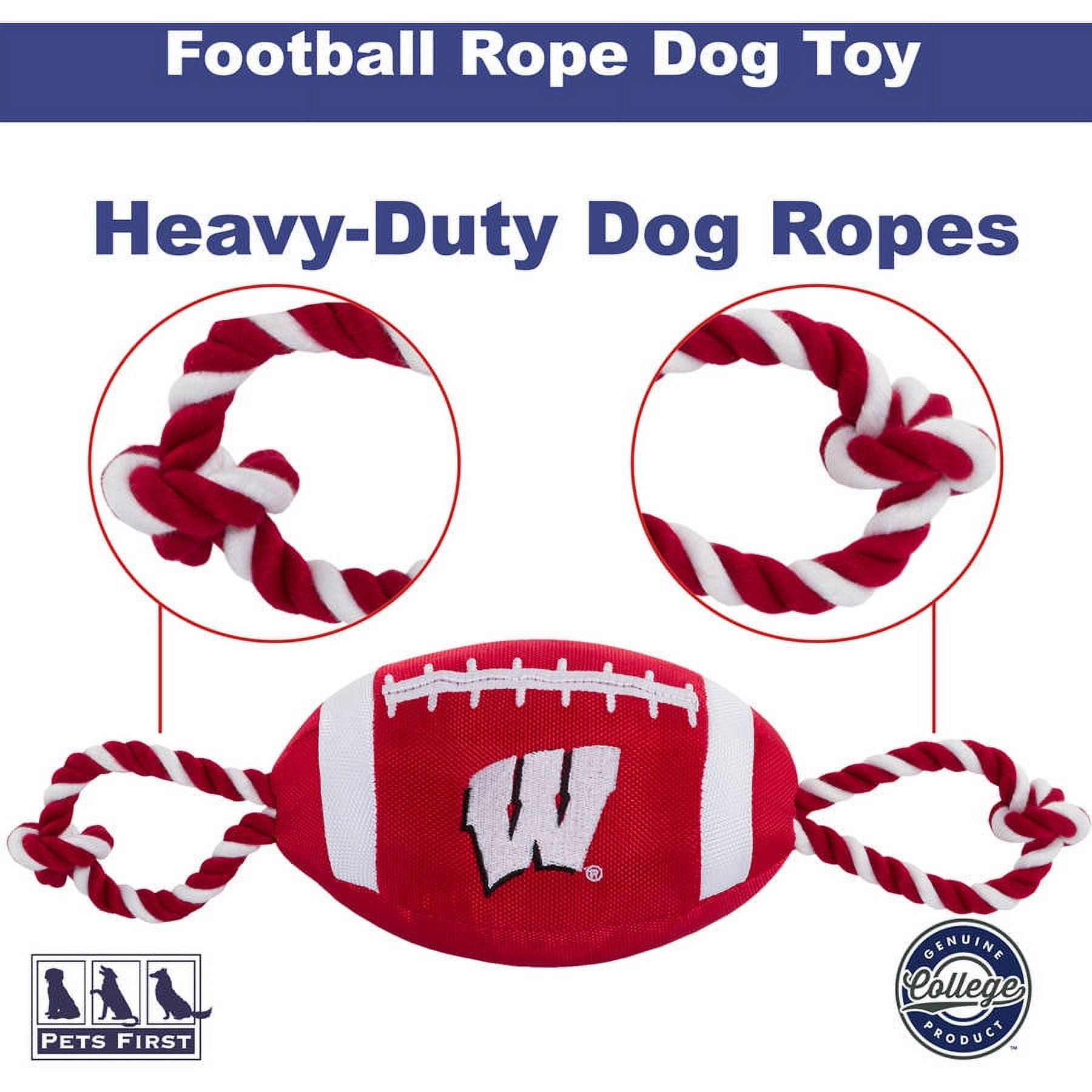 Pets First NCAA Wisconsin Badgers Strong, Durable, Chewable Football Dog Toy with Inner Squeaker and Side Ropes, Officialy Licensed