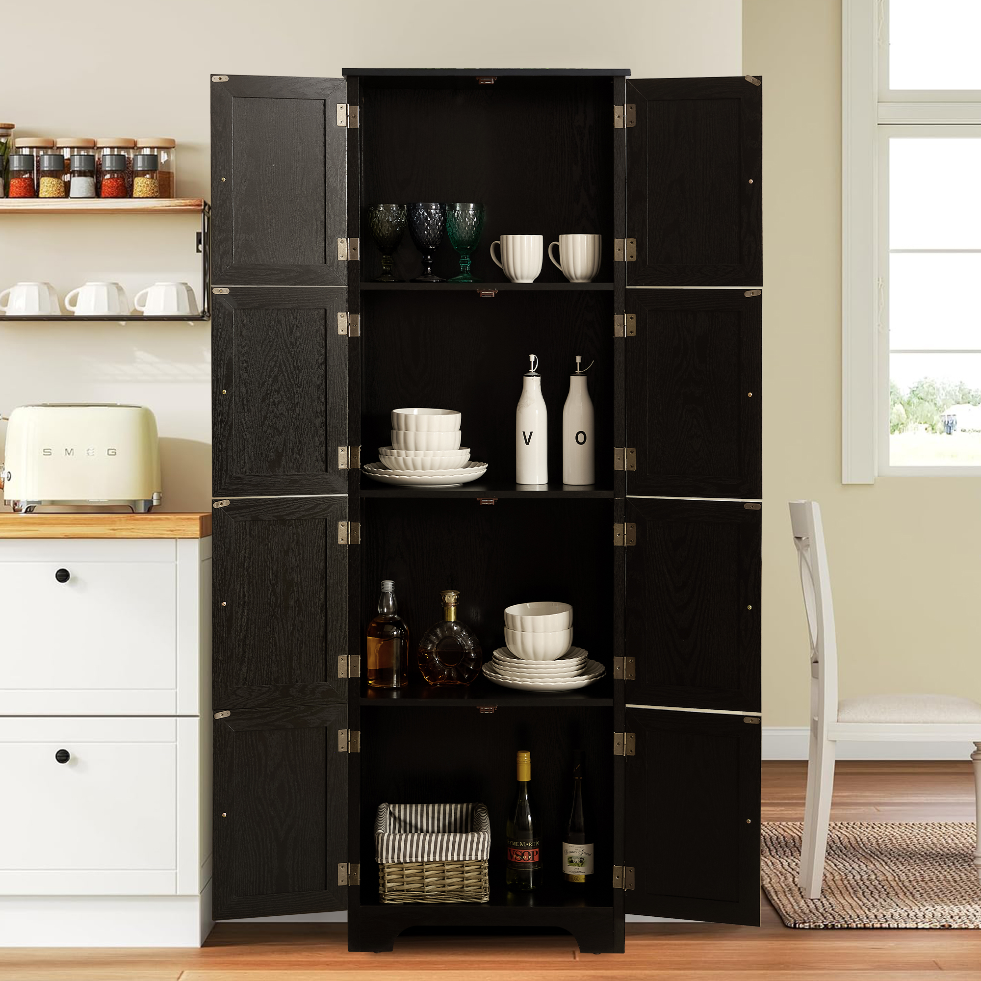 MDQMD 72.4'' Tall Storage Cabinet with Doors for Living Room,Kitchen Pantry Storage Cabinet,4 Tier Black Wooden Cabinet for Bathroom,Hallway