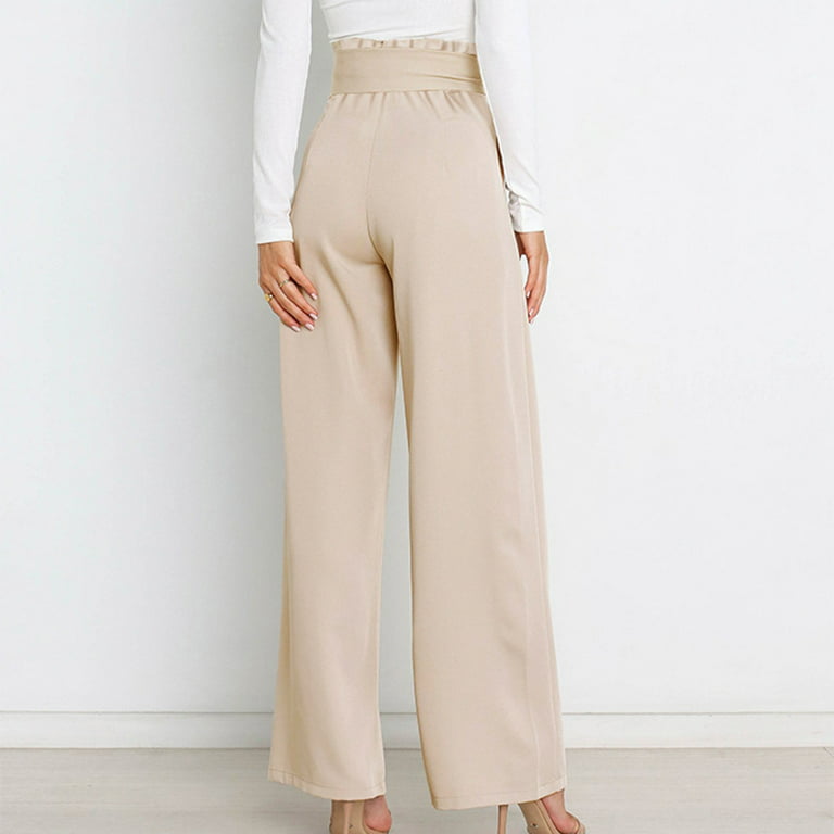 JWZUY Casual Solid High Waist Tie Front Wide Leg with Pockets Office Flowy Pants  Beige XL 