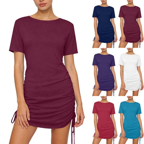 Juslio Women Dress Round Neck Drawstring, Slim Midi Dress Casual Solid Color T-Shirt Dresses