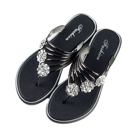 

Kitem 1 Pair Flat Sandals Open Toe Wear-resistant Non-Slip Flat Heel Glossy Faux Crystal Daily Wear Summer Fashion Peep Toe Beach Sandals Travel Supplies