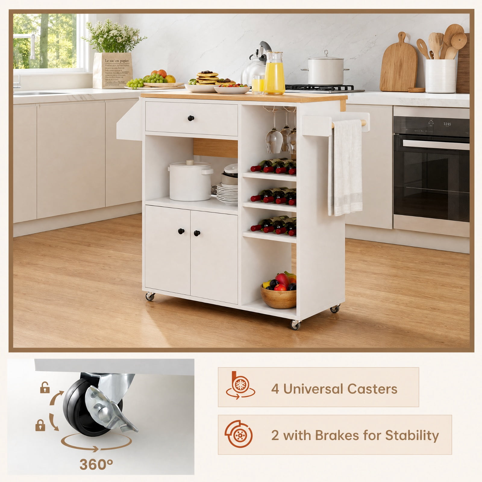 Furnibear Drop Leaf Mobile Kitchen Island Cart with Power Outlet Adjustable Shelf Wine Rack and Storage Cabinet for Small Kitchens, White