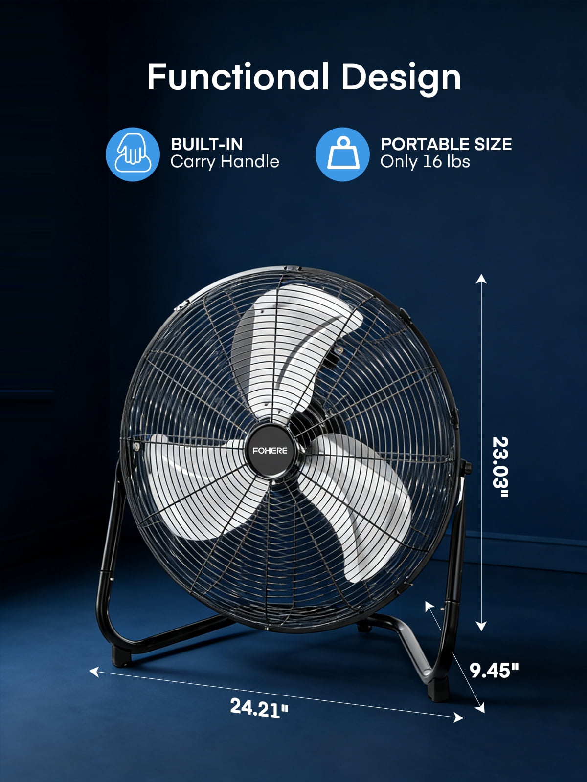 FOHERE 20" High Velocity Floor Fan, Heavy Duty Metal Cooling Fans with 3 Speeds, 360° Tilt Head, Etl Safety Listed, for Industrial, Commercial Space, Garage, Gym, Warehouse, Shop