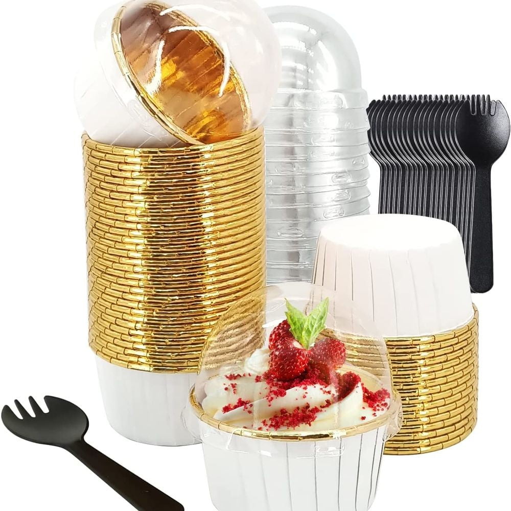 Ruibeauty 50 Pack Cupcake Cups with Lids, 5.5Oz Foil Disposable Baking