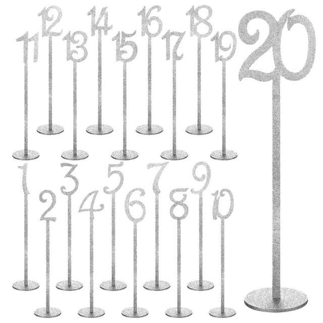 Números de mesa, porta tarjetas de lugar con base de madera, tarjetas de números de mesa, mesa 20 piezas de plata