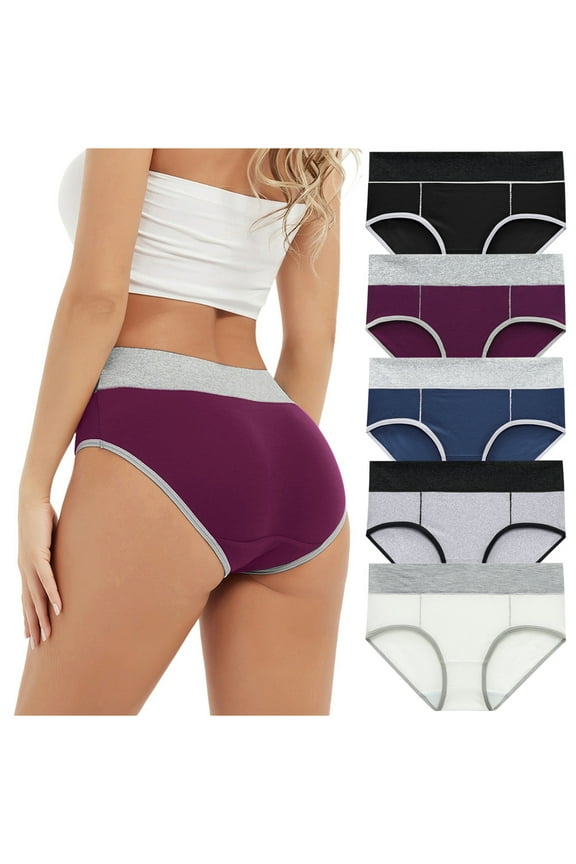 Womens Underwear High Waist 5PC Underpants Knickers Patchwork Bikini Solid Brief Panties