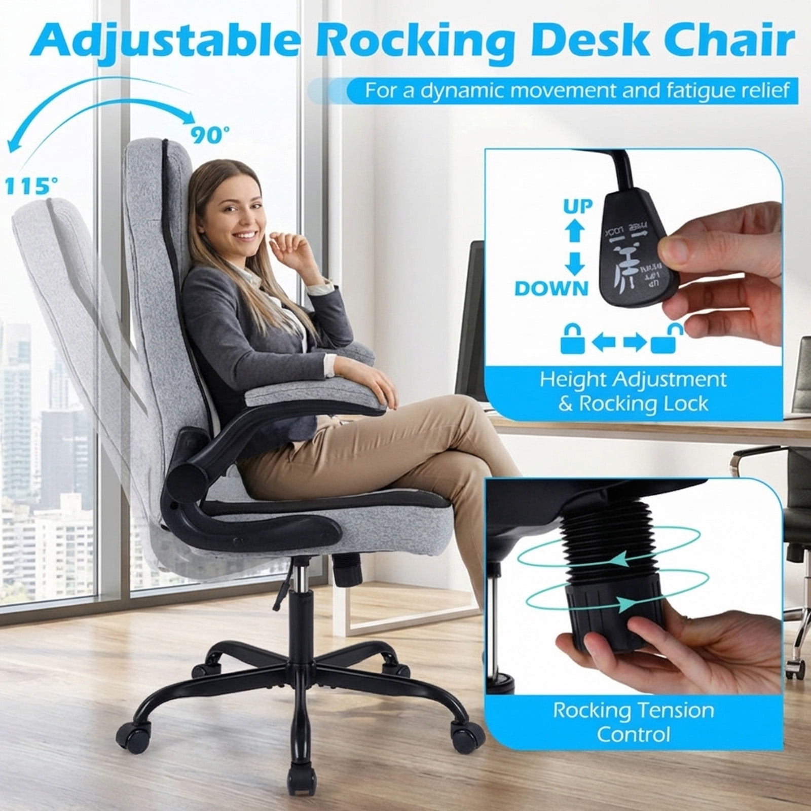 Furnibear Ergonomic Office Chair High Back Executive Desk Chair with Flip-up Armrests, Headrest, Lumbar Support, Computer Chair for Home Office, Gray