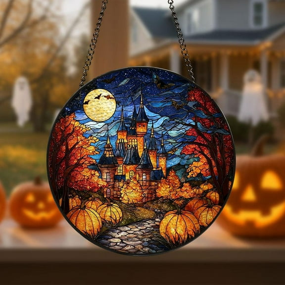Haunted House Halloween Suncatcher, Castle Halloween Stained Glass Suncatcher, Vintage Spooky Window Hanging, Spooky Season Home Decor