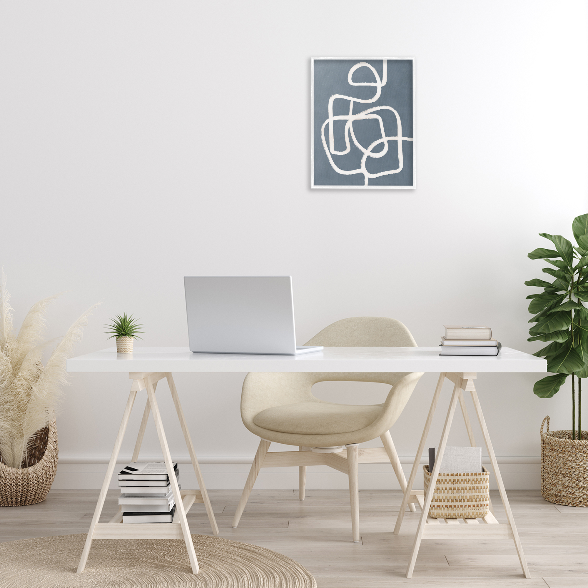 Stupell Industries Blue Freeflow Line Abstract Painting White Framed Art Print Wall Art, 16 x 20