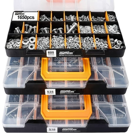 

3 Trays 1 650 Pieces Deluxe Hardware Fasteners Assortment Kit with 64 Sizes in Detachable and Combinable No Mix Case Bolts Nuts & Washers Assortment and Metal & Wood Screws Assortment