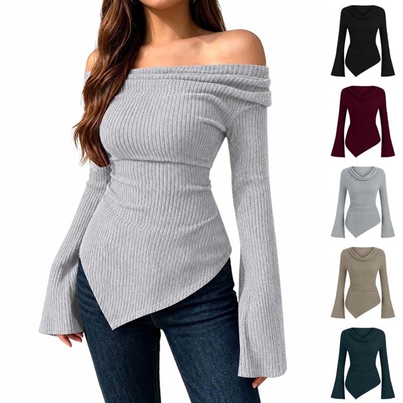 Xaqiouau Off Shoulder Sweater for Women Ribbed Knit Long Sleeve Bell Sleeve Slim Fit Asymmetrical Hem Pullover Casual Fall Winter Top