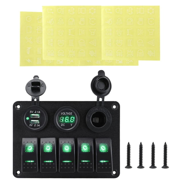 Interruptor marino,Panel de interruptores s para embarcaciones marinas de 5 unidades,12 V,resistente,Reemplazo del protector de sobrecarga del interruptor Verde