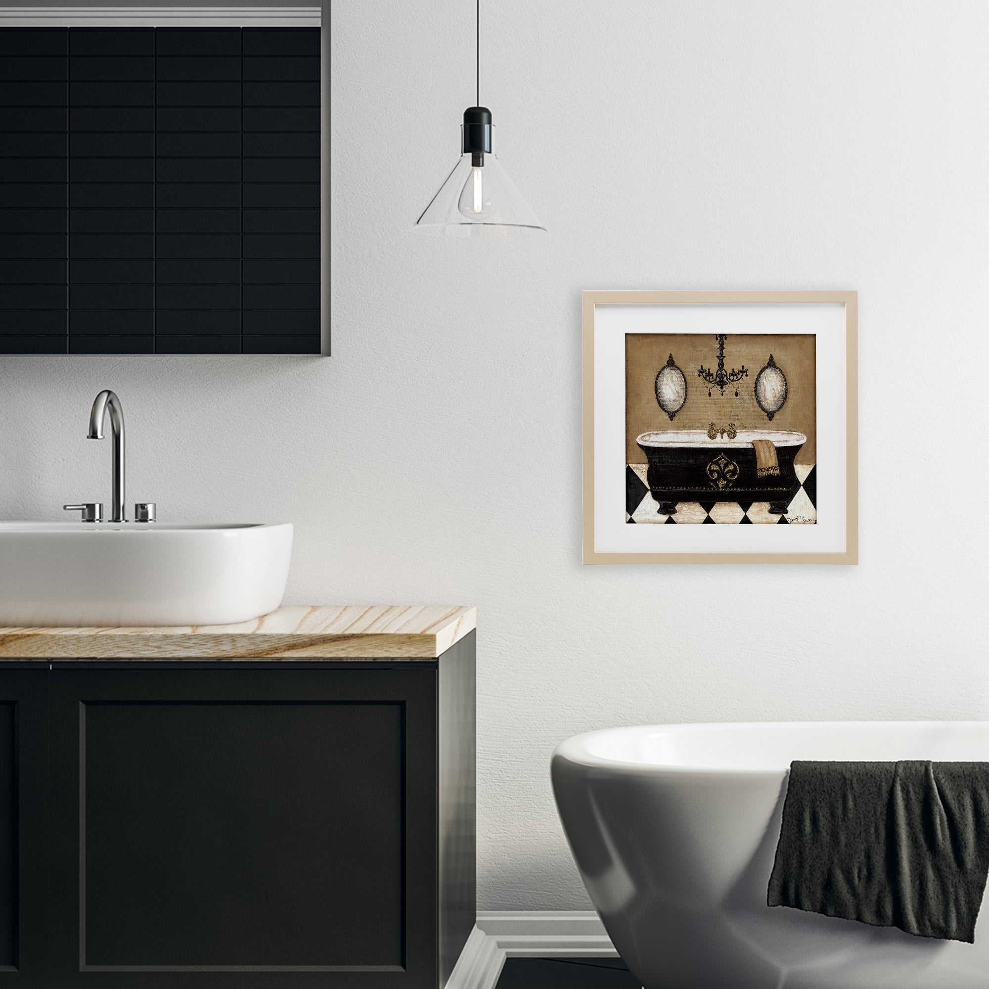 Stupell Industries Elegant Bathtub & Chandelier Birch Framed Print Under Glass, design by Janet Tava