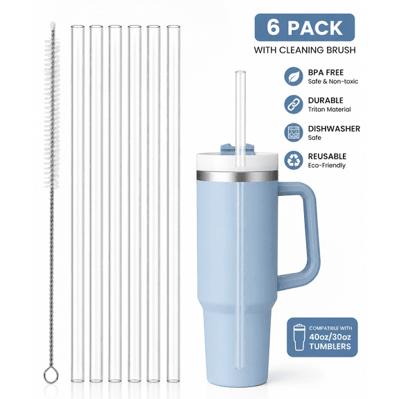 6PCS Replacement Straws Compatible with Stanley 40oz and 30oz Tumblers, Reusable Clear Plastic Drinking Straws with Cleaning Brush for Travel Cups and Tumblers