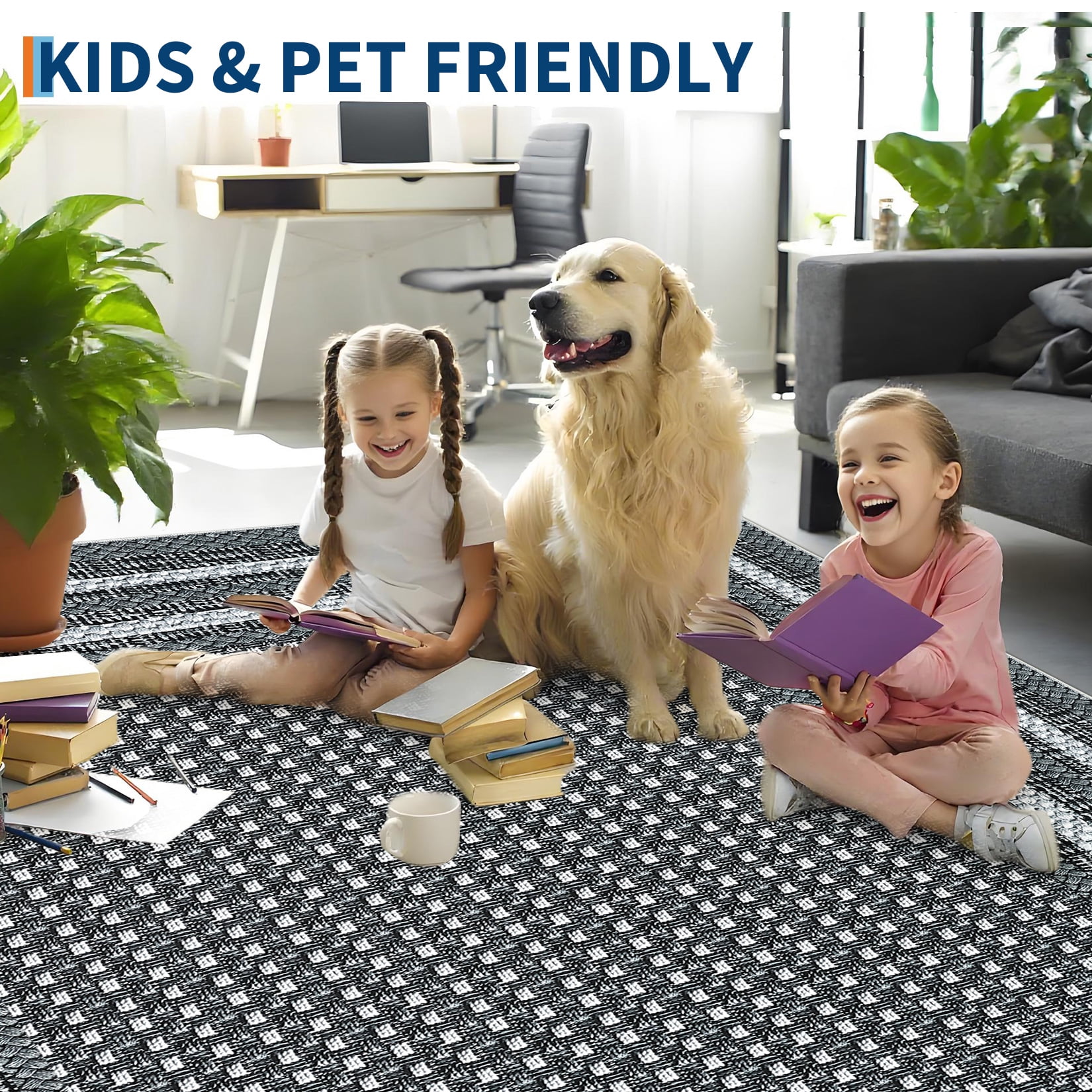 Garvee 9'x12' Bordered Print Area Rug Washable Rugs, Non Slip Modern Geometric Rug Stain Resistant Indoor Carpet for Living Room Bedroom Dining Room, Gray