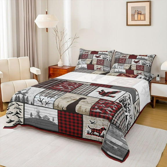 Homewish Rustic Dog Duck Twin Sheet Sets for Men, Jungle Hunting Twin Fitted Sheet, Vintage Grey Red Patchwork Flat Sheet, Breathable Home Decor, 3 Pieces