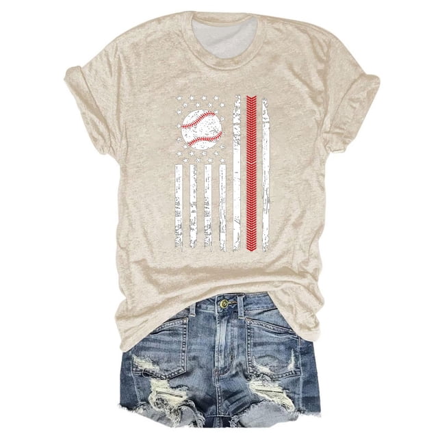 Hauts d'Été pour Femmes, Blouses Décontractées Élégantes 2024, T-Shirts Imprimés Baseball Col Rond Multi-Couleurs Manches Courtes Été Beige