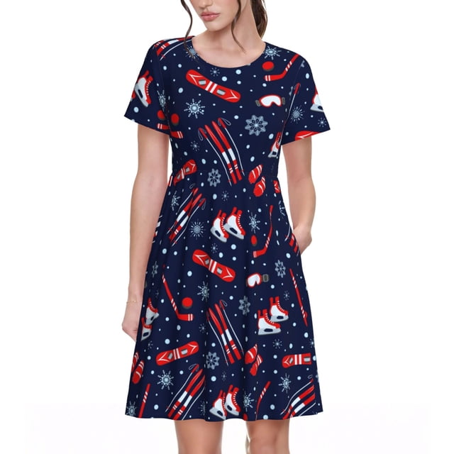Balery Winter Sports Fun Pattern Vestidos sueltos de manga corta para mujer, vestidos de verano 2025, vestidos casuales de corte A con vuelo.