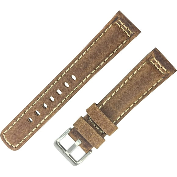 Brown Genuine Leather, Padded Watch Band with White Stitching by DAKOTA