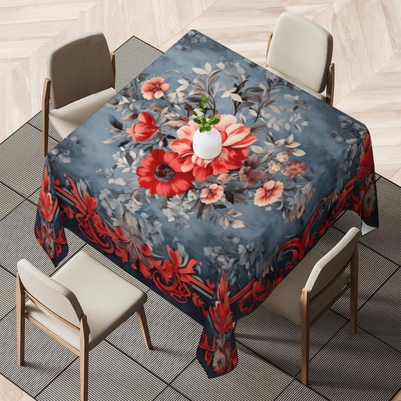 Square Tablecloth 52x52 inch Red Blue Vintage Retro Boho Flower Floral Waterproof Polyester Table Cloth Washable Wrinkle Resistant Fabric Table Cover for Kitchen Dining, Buffet, Party, Wedding