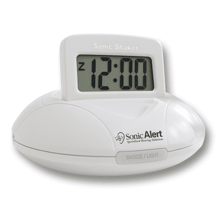 Sonic Shaker SBP200 White Compact Travel Alarm Clock – Pop-Up LCD Digital Screen – Bed Shaker Vibration – Buzz and Vibrate Modes – Rechargeable Alarm Clock