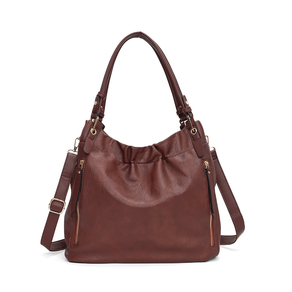 Capamaster Slouchy Hobo Handbag for Women, Soft Faux Leather Shoulder Purse with Top Handles and Front Zipper Pockets, Coffee