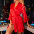 thumbnail image 2 of Puntoco Women's Deep V Ruffle Satin Mini Robe, Silky Faux Silk Sleep Bathrobe with Tie Belt Wine L, 2 of 3