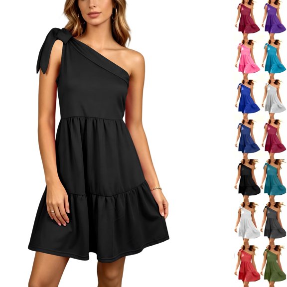 Tqcoqu Women's Party Date Night Dress,One Shoulder Tie Knot Tiered Ruffle Mini Dress,Army Green Women's S-XXL