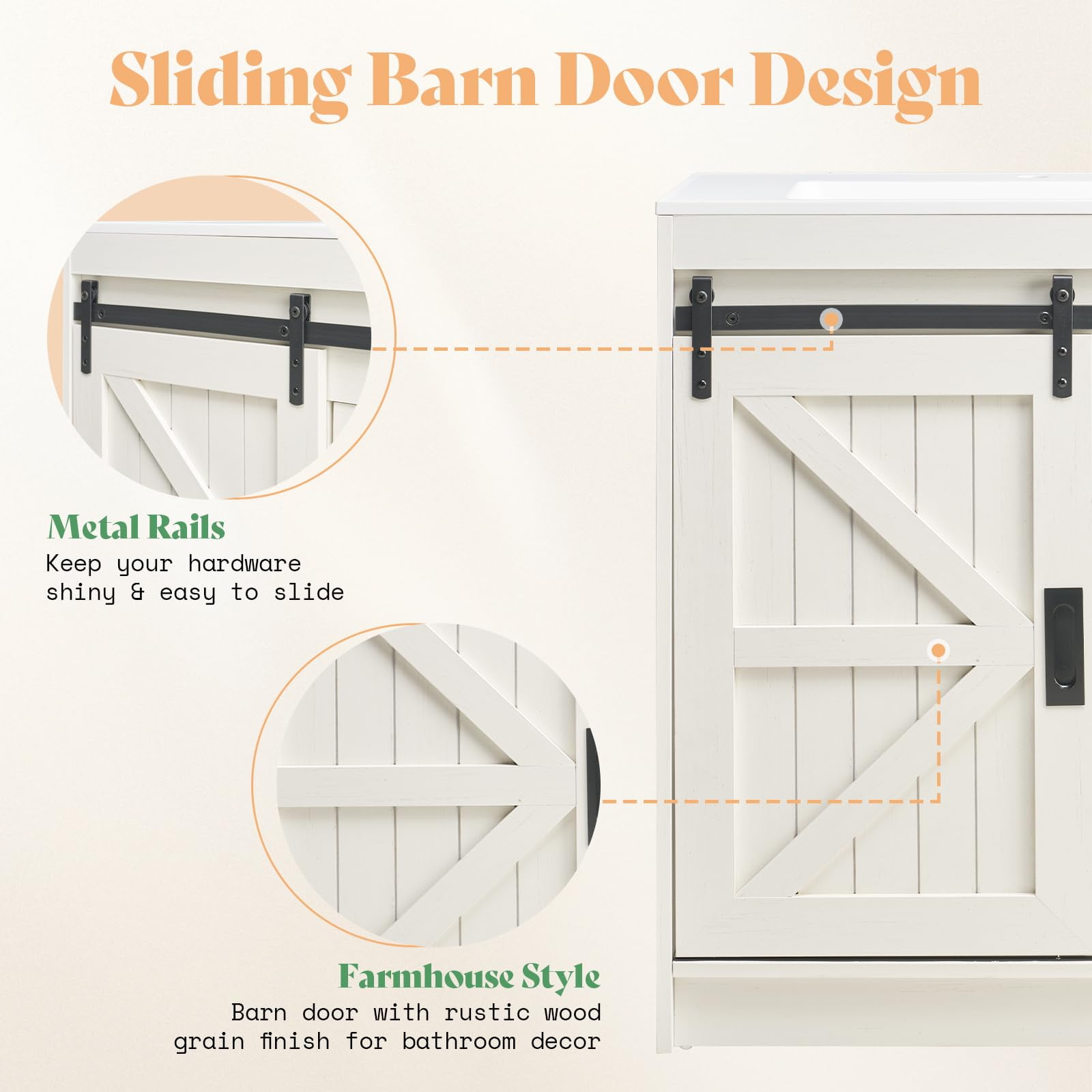 VanAcc 31" Farmhouse Sliding Barn Door Bathroom Vanity with Sink Combo, Bathroom Cabinet with Drawers & Metal Handles, Freestanding, Distressed White