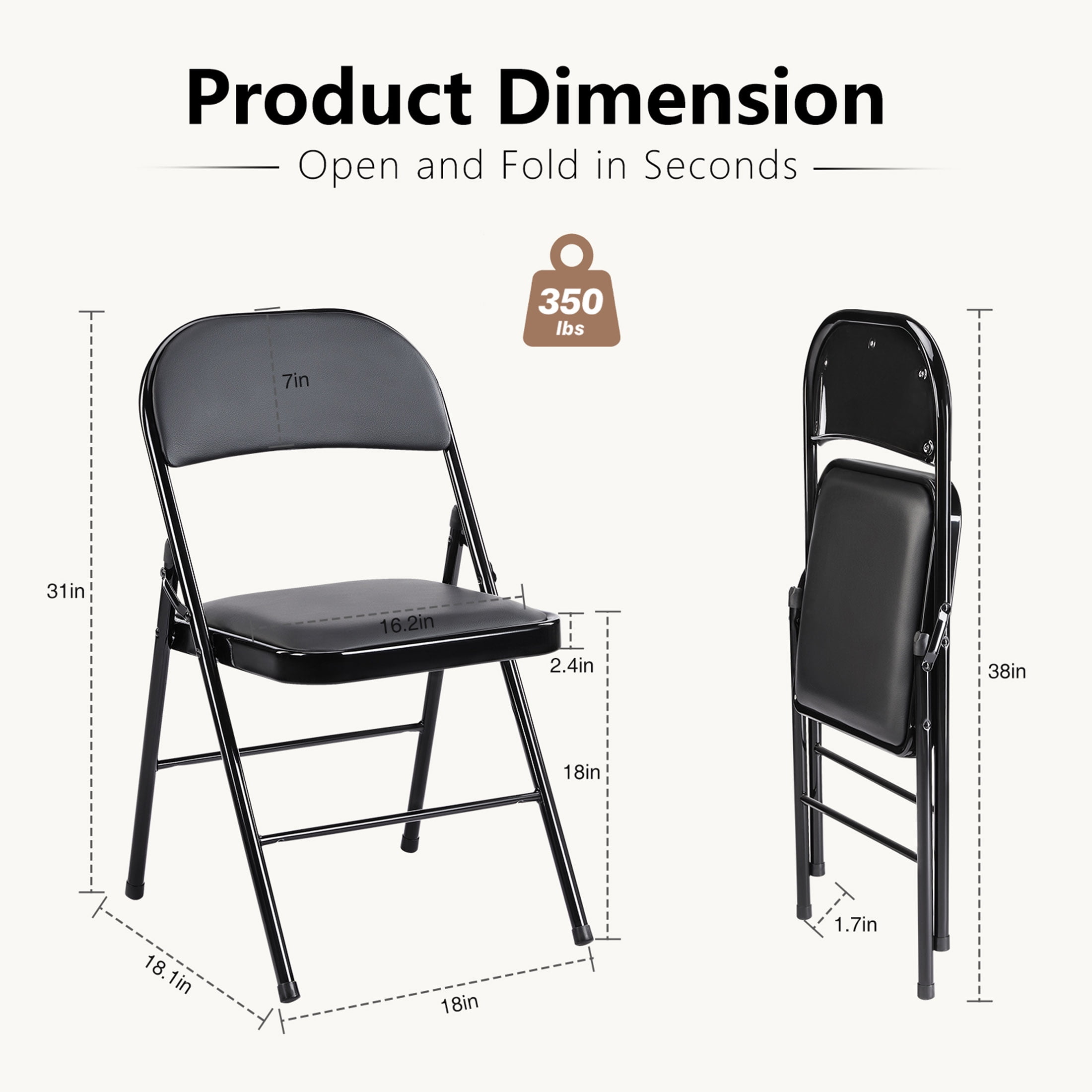 CONCETTA 8 Pack Folding Chair, Indoor Outdoor Portable Stackable Commercial Leather Padded Seat for Home, Office, Party, Black