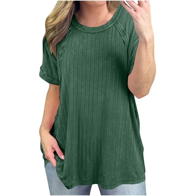 cfhntfmh Womens Oversized T Shirts Summer Ribbed Knit Short Sleeve Tunic Tops Casual Loose Plus Size Tees