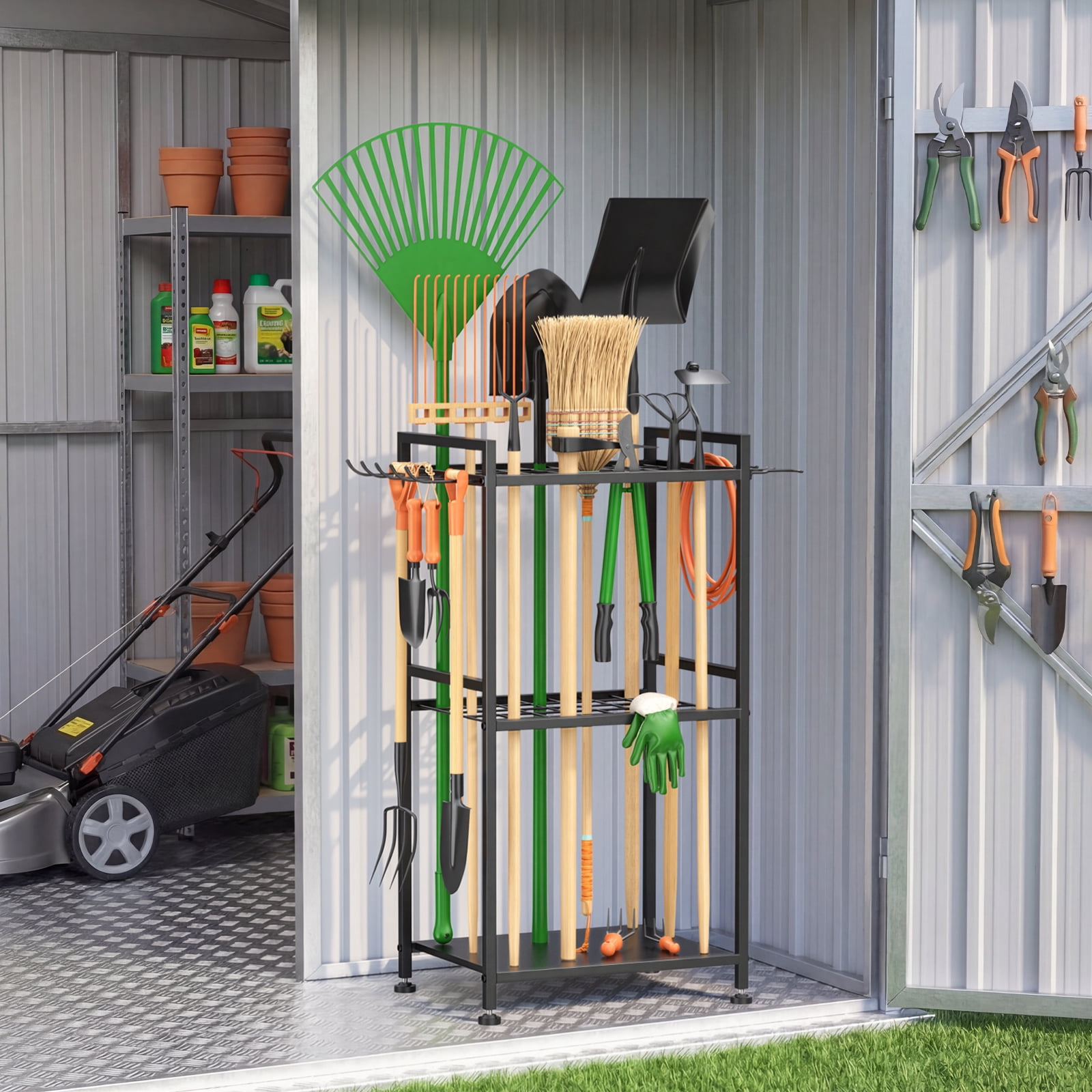 Garden Tool Organizer Rack with Hooks,Holds Up to 35 Long-Handled Tools, Rakes and Brooms, Metal Steel Stand for Shed or Outdoor Storage Backyard