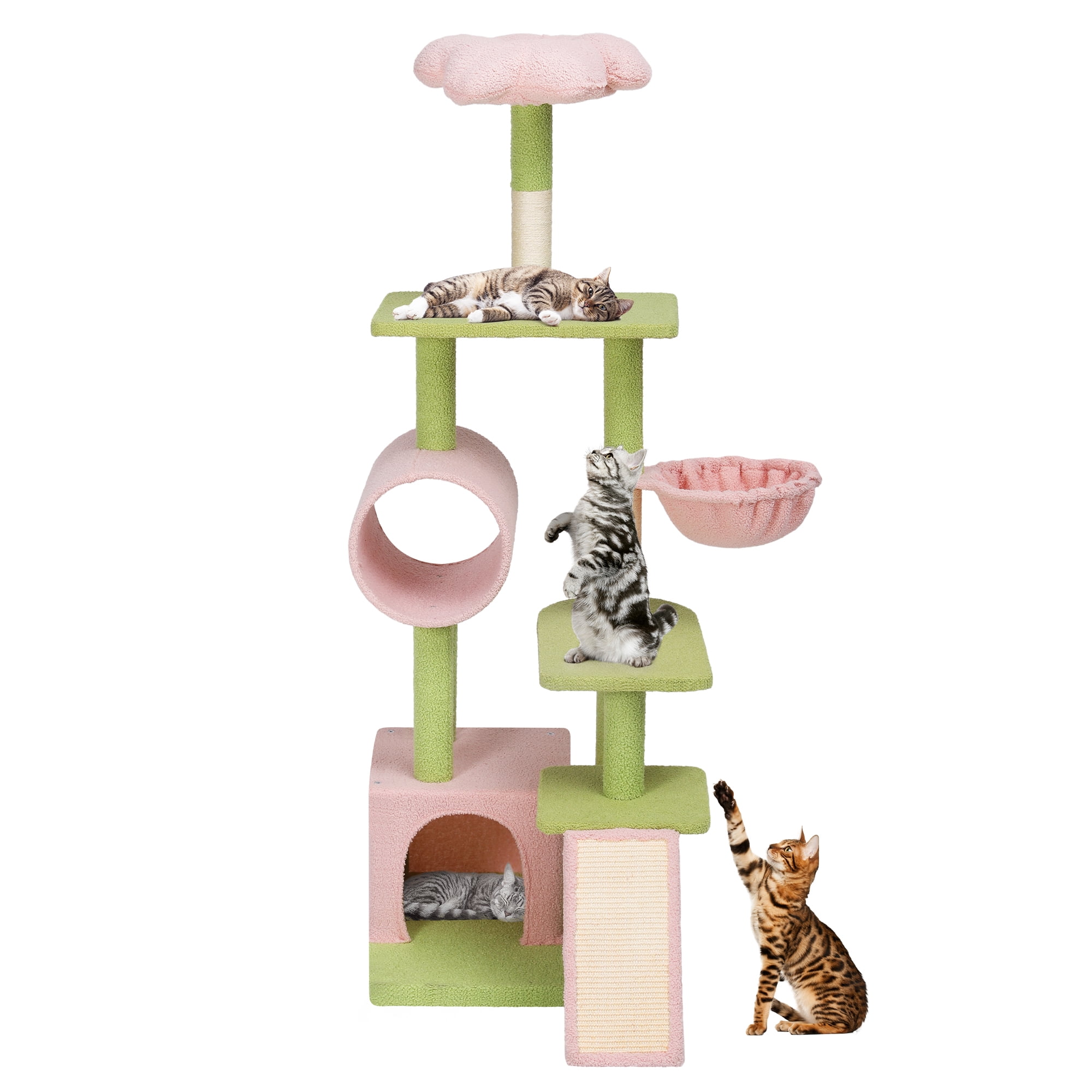 Dextrus 65" Tall Flower Cat Tree Tower, Indoor Cute Cat Climbing Tower with Cat Condo, Basket, Tunnel,Cute Sisal Scratching Posts and Board, Pink & Green