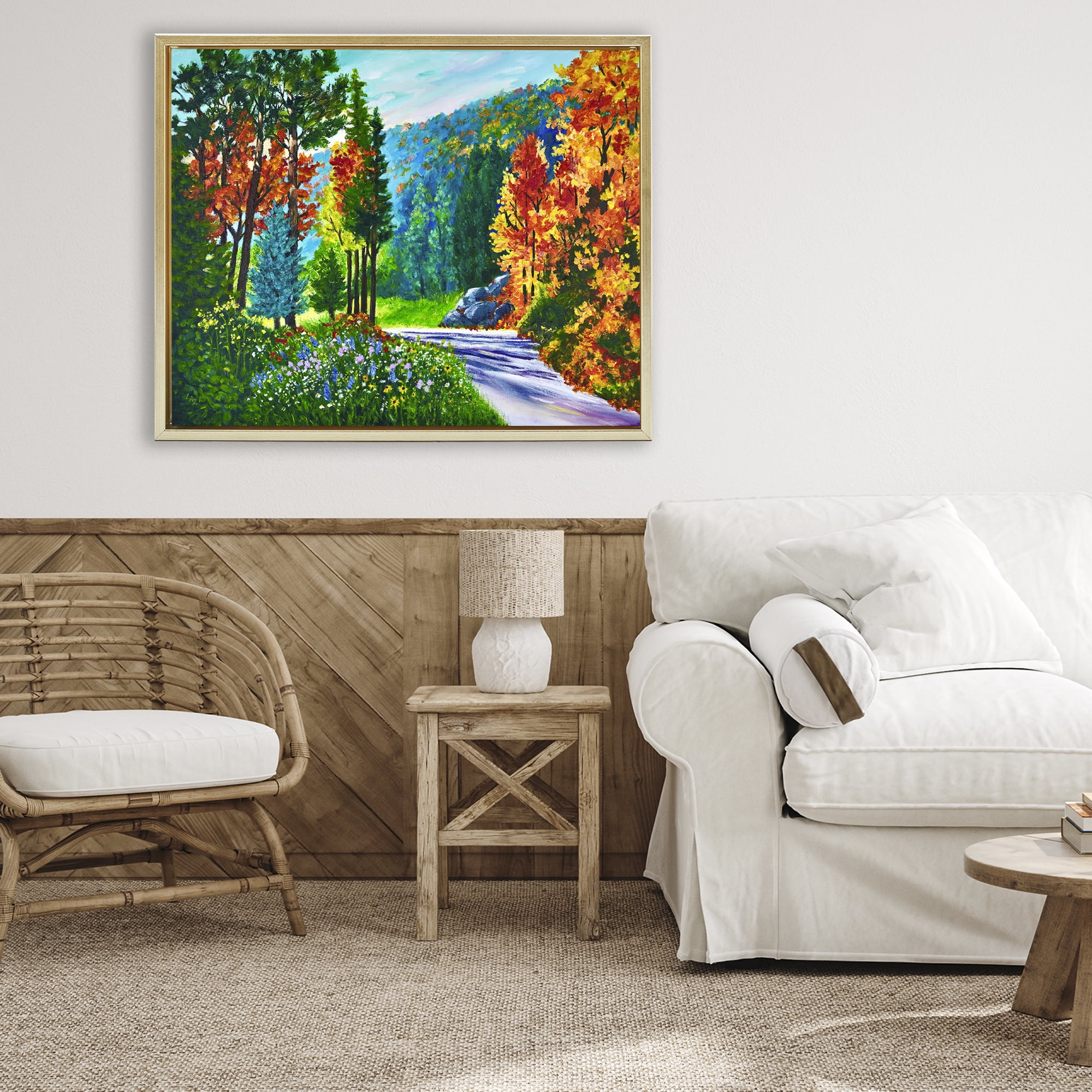 Stupell Industries Sunlit Autumn Woodland Pathway Gold Framed Floater Canvas Wall Art, design by Lee Ann Zirbes