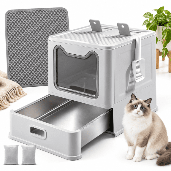 Gray Enclosed XXL Stainless Steel Cat Litter Box With Lid, Drawer, Mat And Scoop